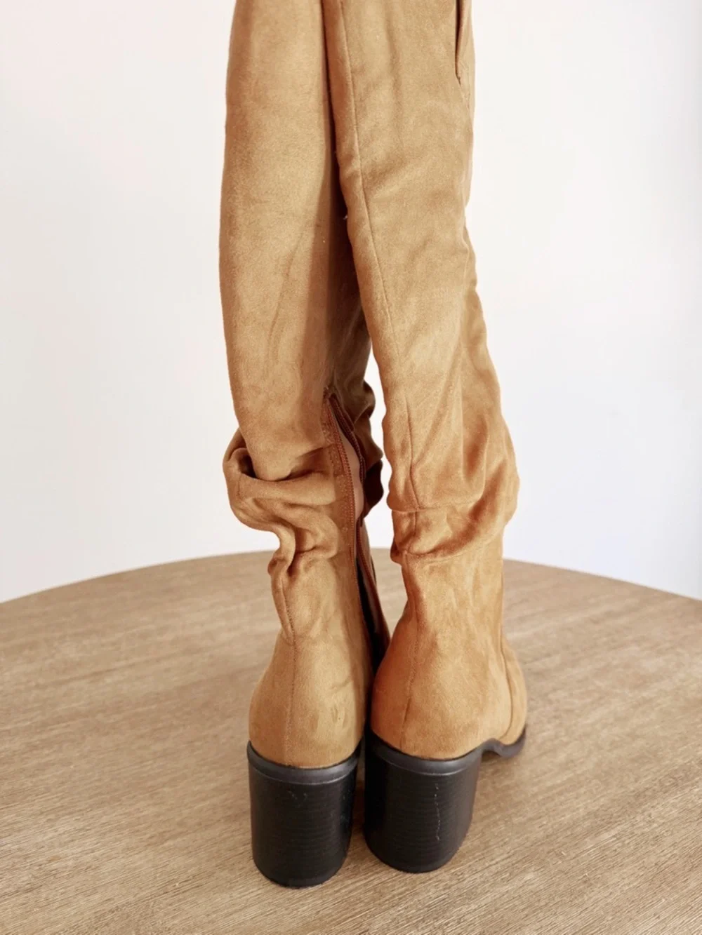 Tall Suede Slouch Knee-High Boots in Tan 6.5